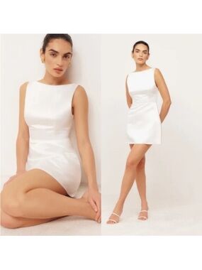 NWT Reformation Zenni Satin A-line Mini Dress White Ivory Boatneck V-back XS 2